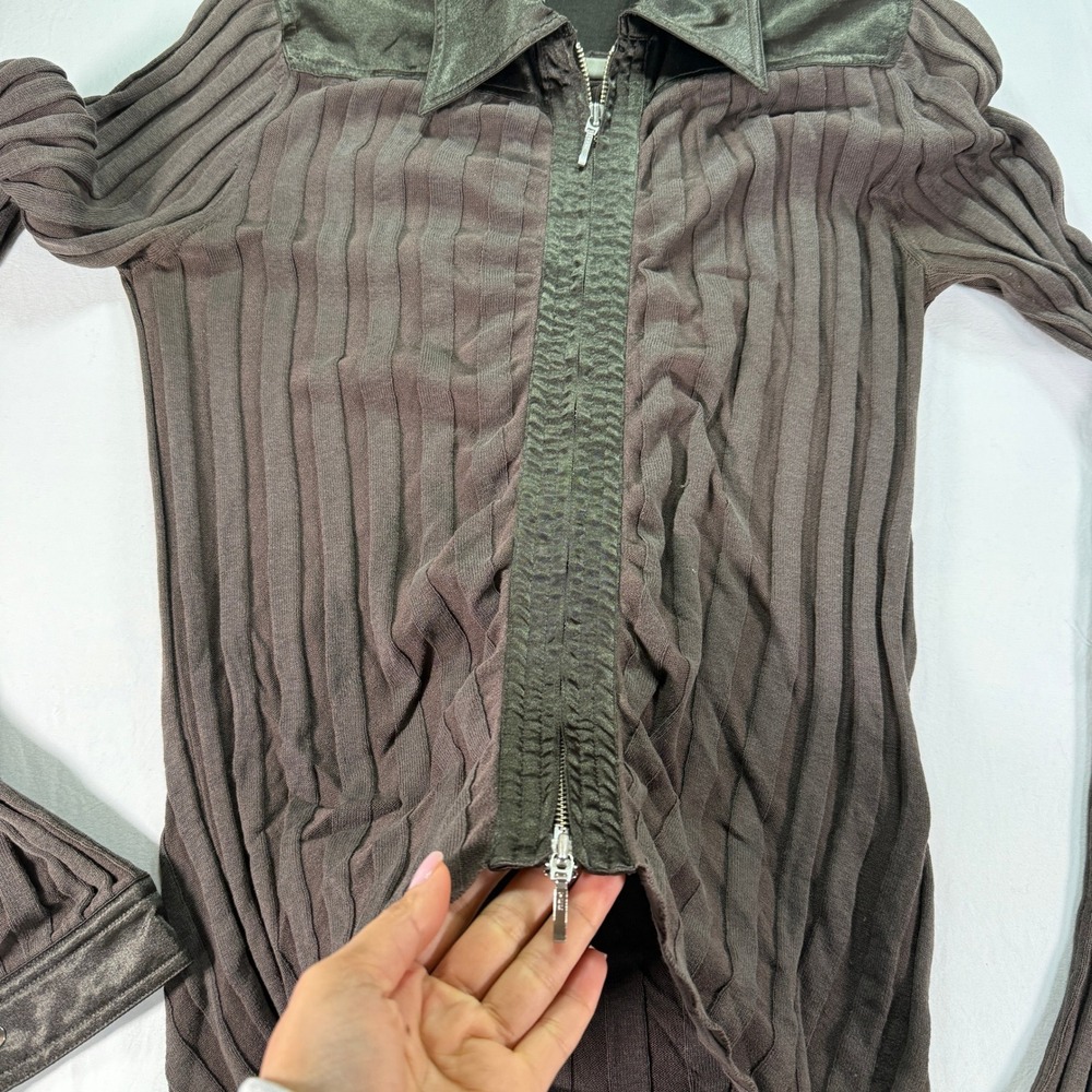 Cabi Brown Ribbed Silk Blend Full Zip Sweater Jacket Women's XS Mixed Media - Picture 4 of 9